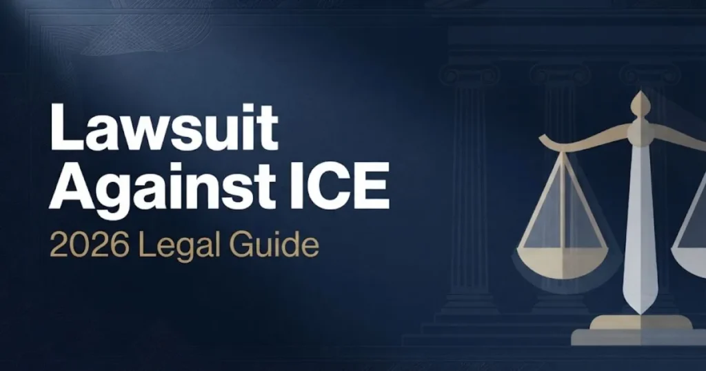 Lawsuit against ICE 2026 legal guide banner with courthouse columns and scales of justice in navy and gold (1)