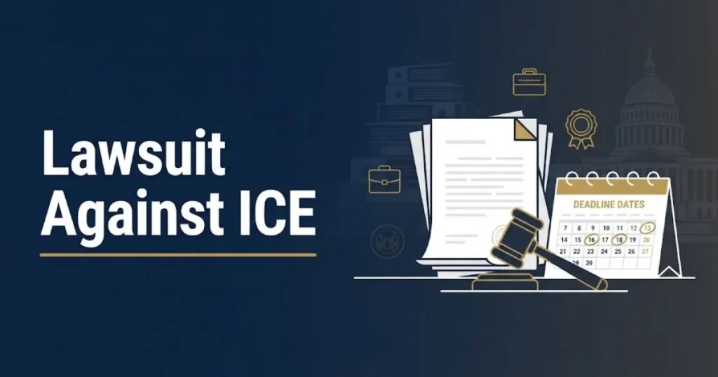 Lawsuit against ICE settlement and deadline infographic with legal documents and gavel in navy and gold