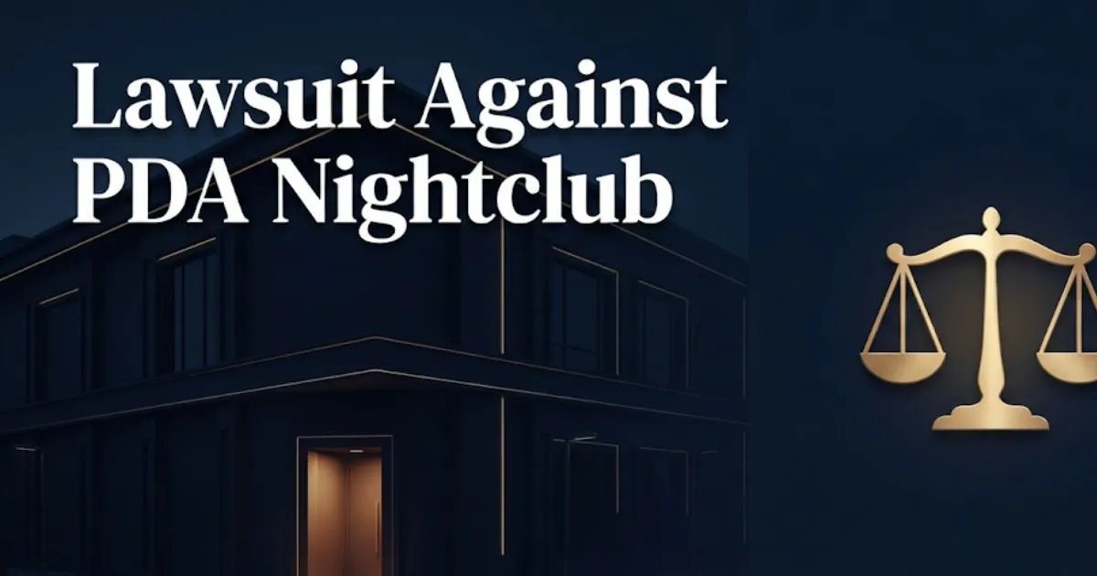 Lawsuit against PDA nightclub hero banner with legal scales and nightclub silhouette
