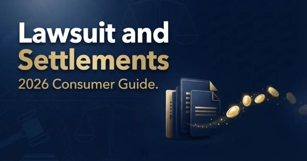 Lawsuit and settlements 2026 hero banner with legal scales and gold typography on navy background