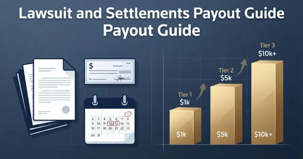 Lawsuit and settlements payout guide graphic with settlement check icons and deadline calendar on navy background