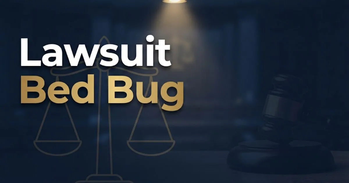 Lawsuit bed bug hero banner with legal scales of justice on dark navy background and gold typography