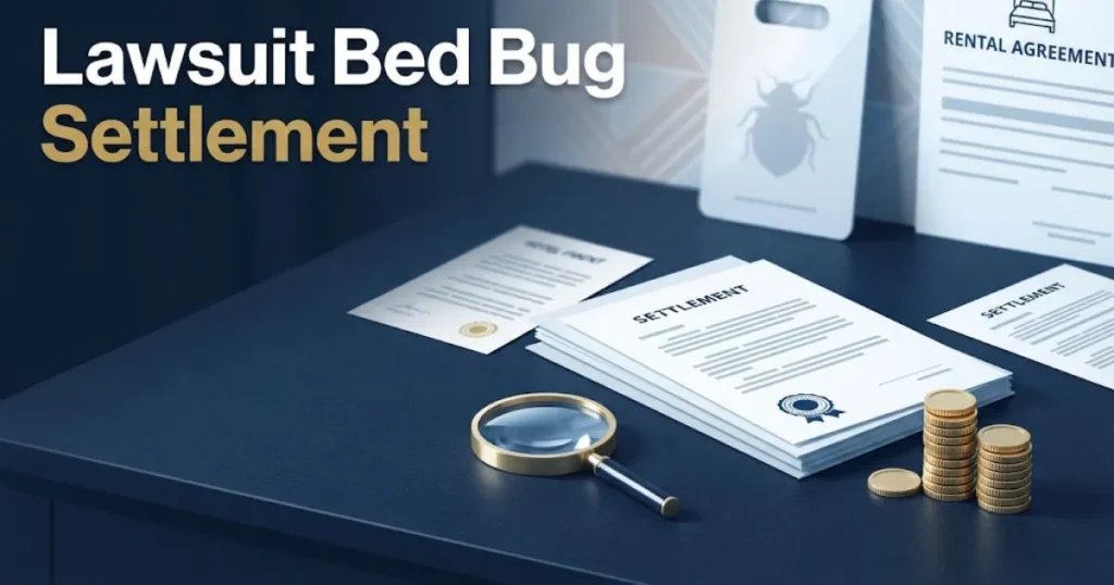 Lawsuit bed bug settlement graphic with legal documents and payout icons on navy desk background