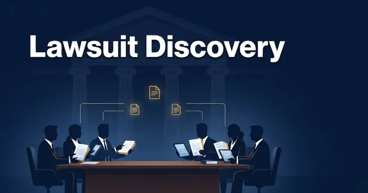 Lawsuit discovery guide hero banner showing legal teams exchanging evidence at a conference table