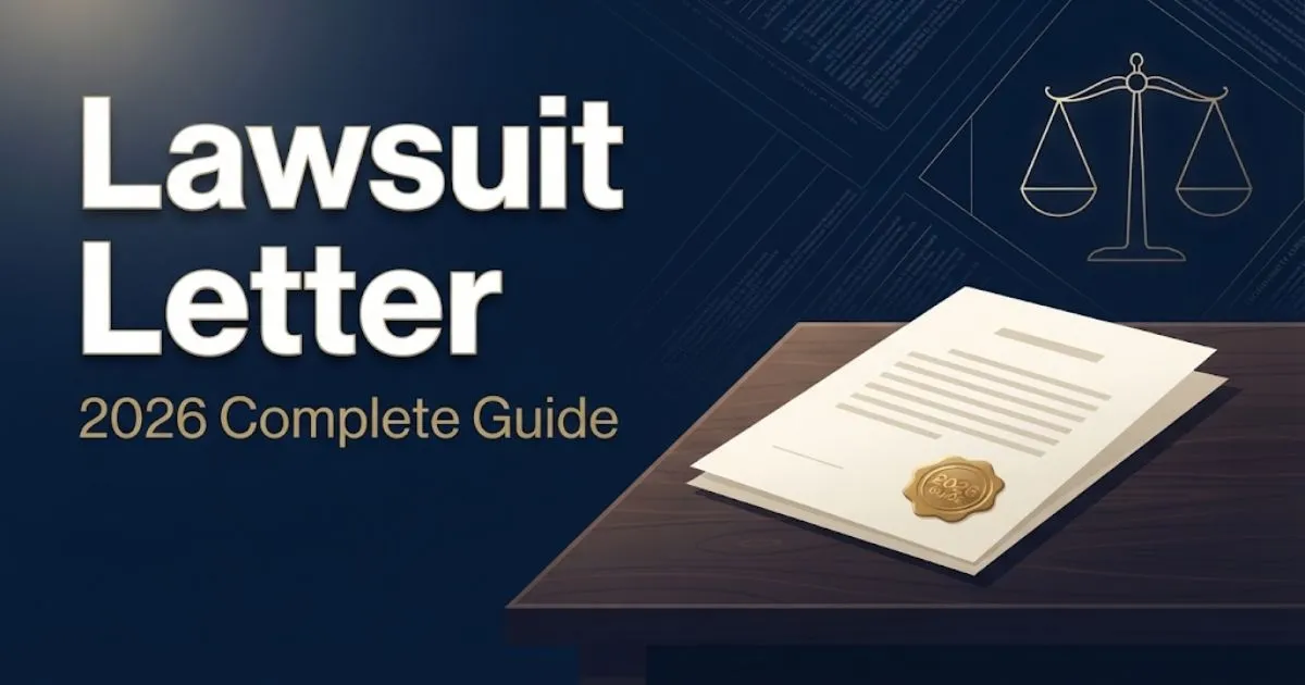 Lawsuit letter guide banner with legal document illustration and gold scales of justice on navy background
