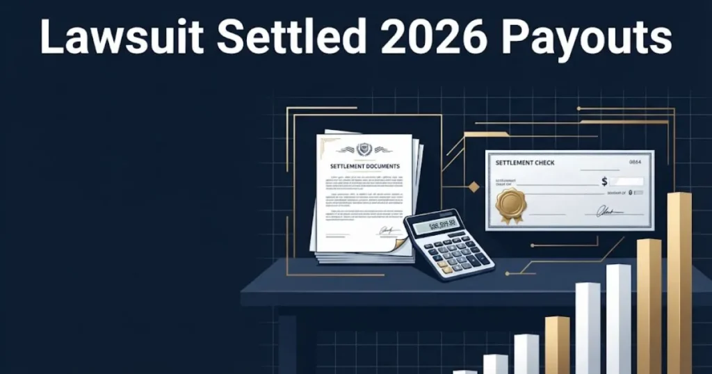 Lawsuit settled 2026 payouts graphic with settlement documents and rising bar chart on navy background