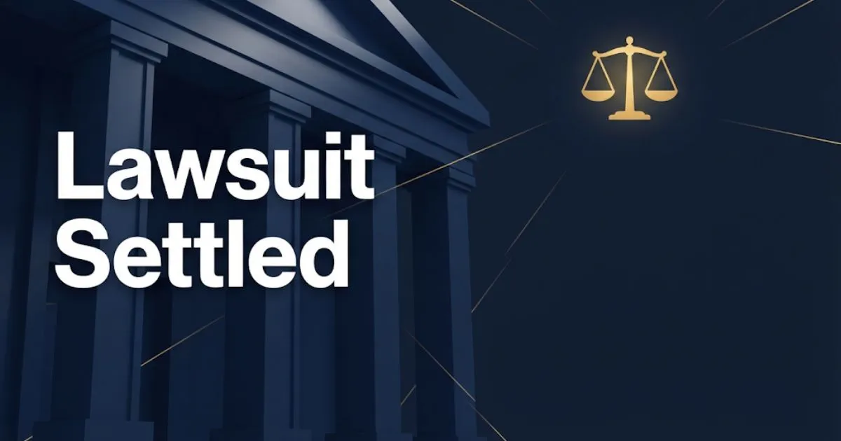 Lawsuit settled hero banner with courthouse silhouette and golden scales of justice on navy background