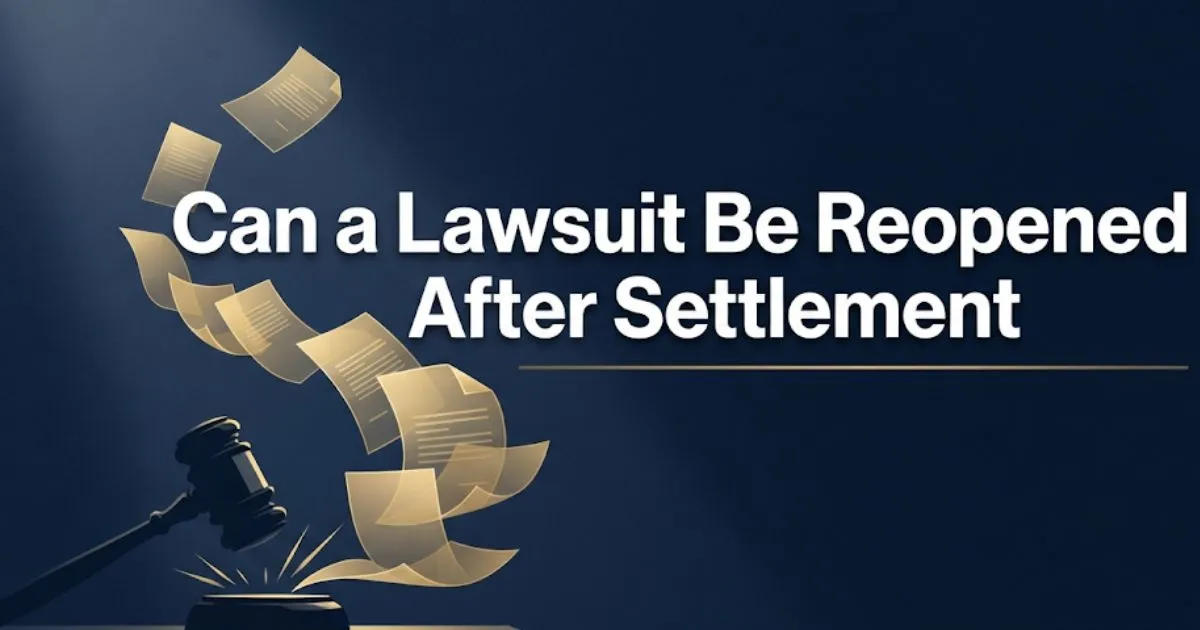 Legal banner showing gavel and documents with text can a lawsuit be reopened after settlement