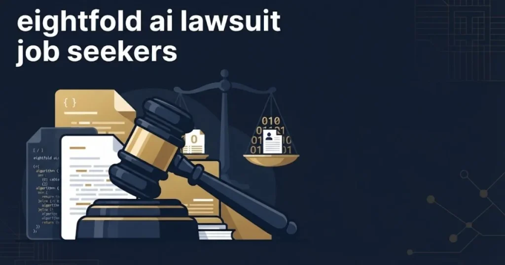 Legal graphic with eightfold ai lawsuit job seekers text showing gavel on digital documents in navy and gold tones