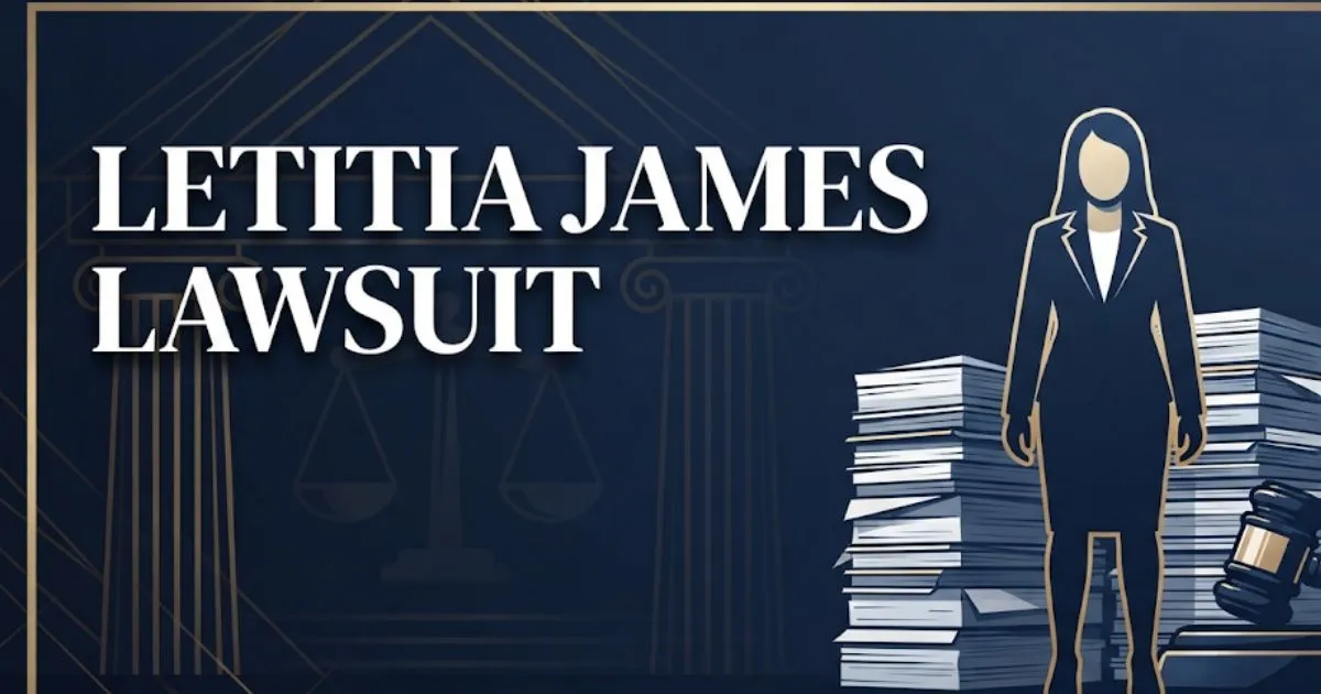 Letitia James lawsuit 2026 hero banner with legal symbols and courthouse design