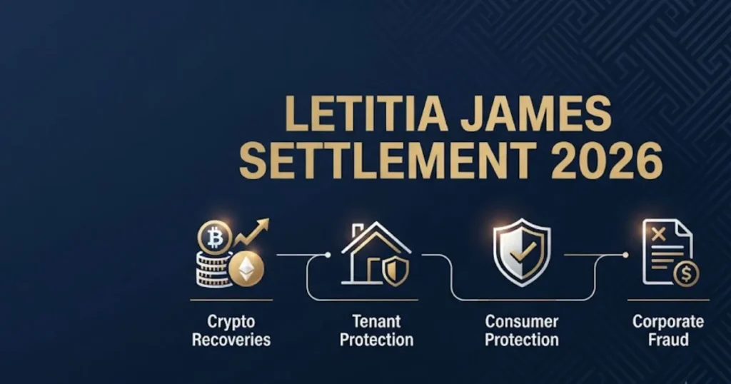Letitia James settlement 2026 infographic showing case categories and recoveries