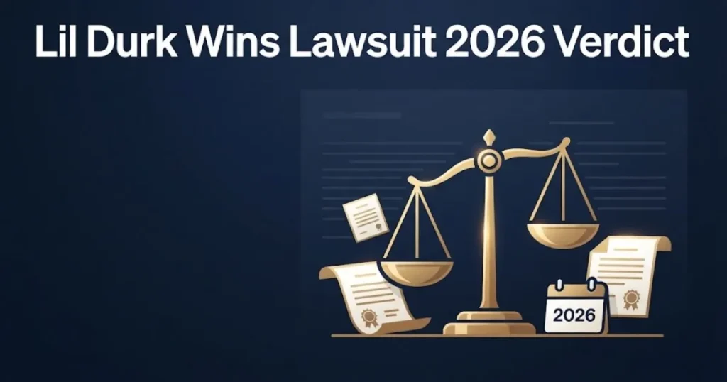 Lil Durk Wins Lawsuit 2026 Verdict graphic with gold justice scale icon on navy background