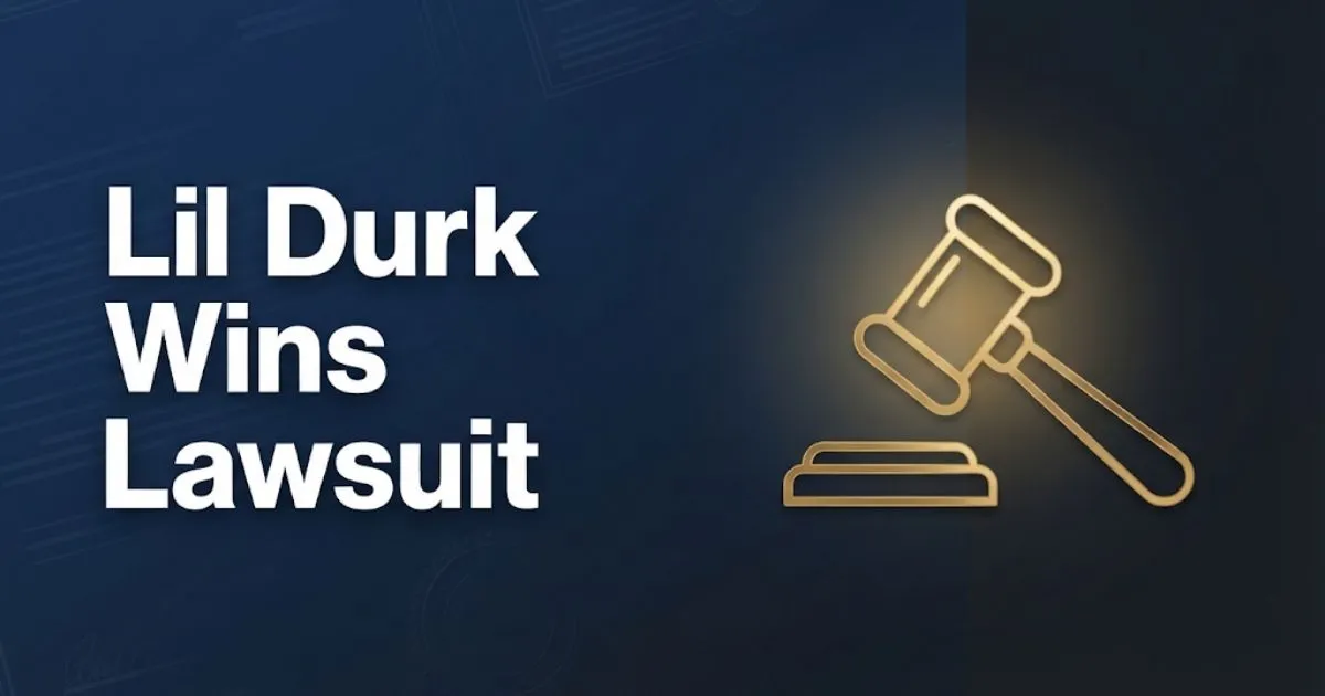 Lil Durk Wins Lawsuit headline over abstract gold gavel icon on deep navy editorial background