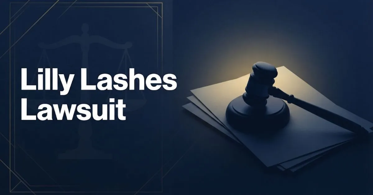 Lilly Lashes Lawsuit hero banner with legal scales and gavel silhouette on navy background
