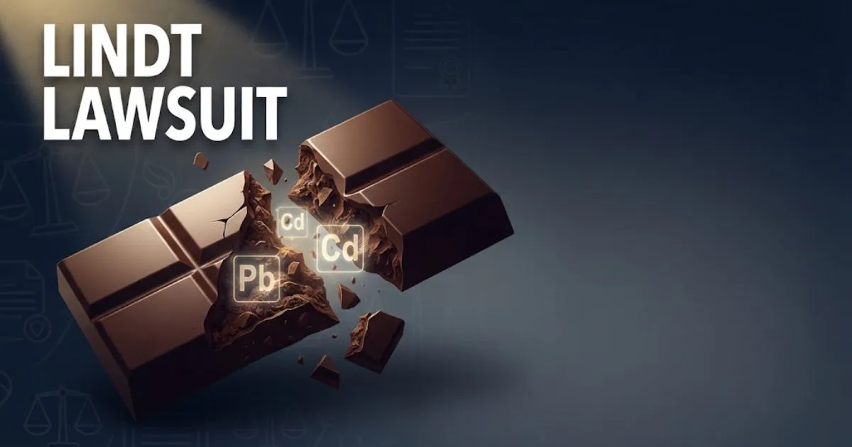 Lindt lawsuit hero banner showing dark chocolate with heavy metal symbols and legal theme in navy and gold