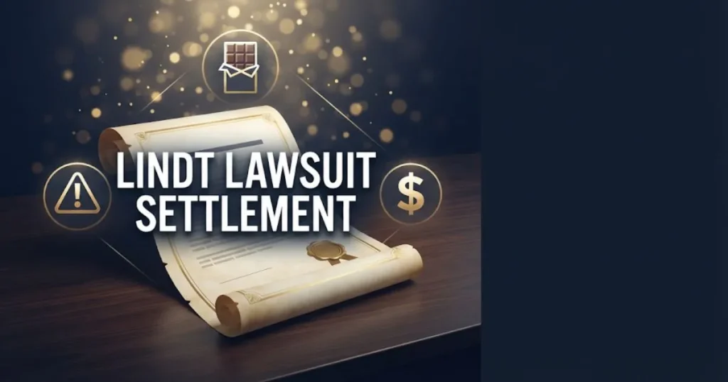 Lindt lawsuit settlement graphic with legal document, chocolate icon, and compensation symbols in navy and gold