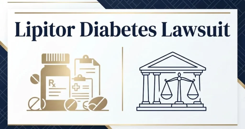 Lipitor diabetes lawsuit infographic with pill bottles and courthouse icons