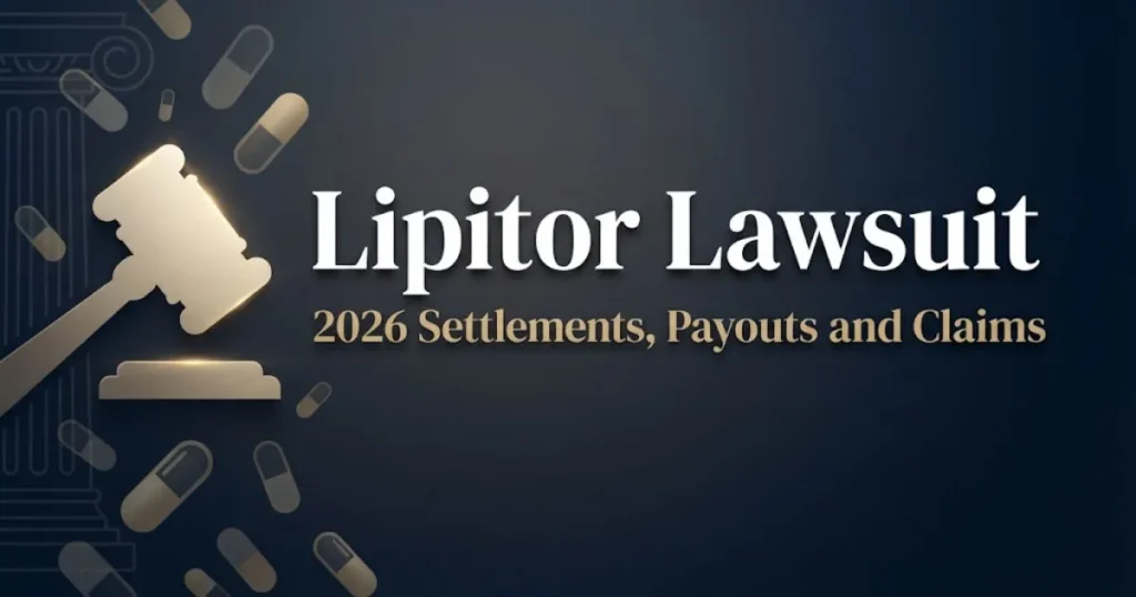 Lipitor lawsuit 2026 hero banner with gavel and pill icons on navy background