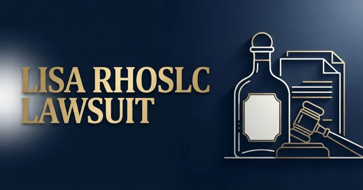 Lisa RHOSLC lawsuit banner with gavel and tequila bottle icons on navy background