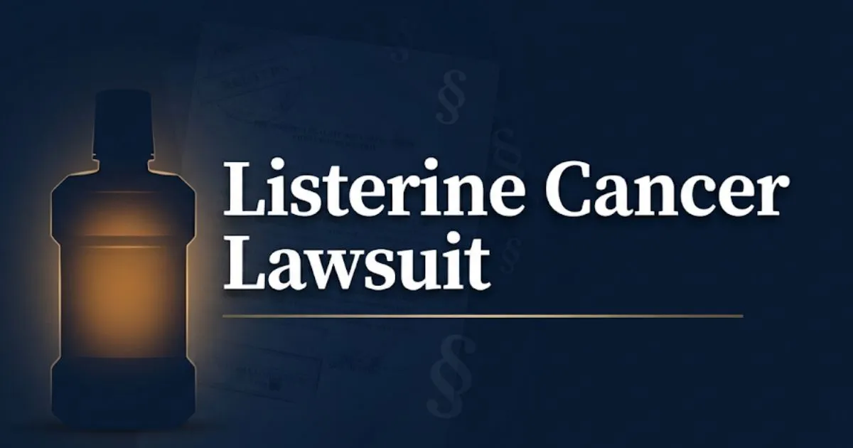 Listerine cancer lawsuit 2026 hero banner with mouthwash bottle silhouette and legal background