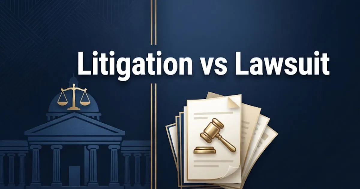 Litigation vs lawsuit comparison banner with courthouse and legal document icons on navy background