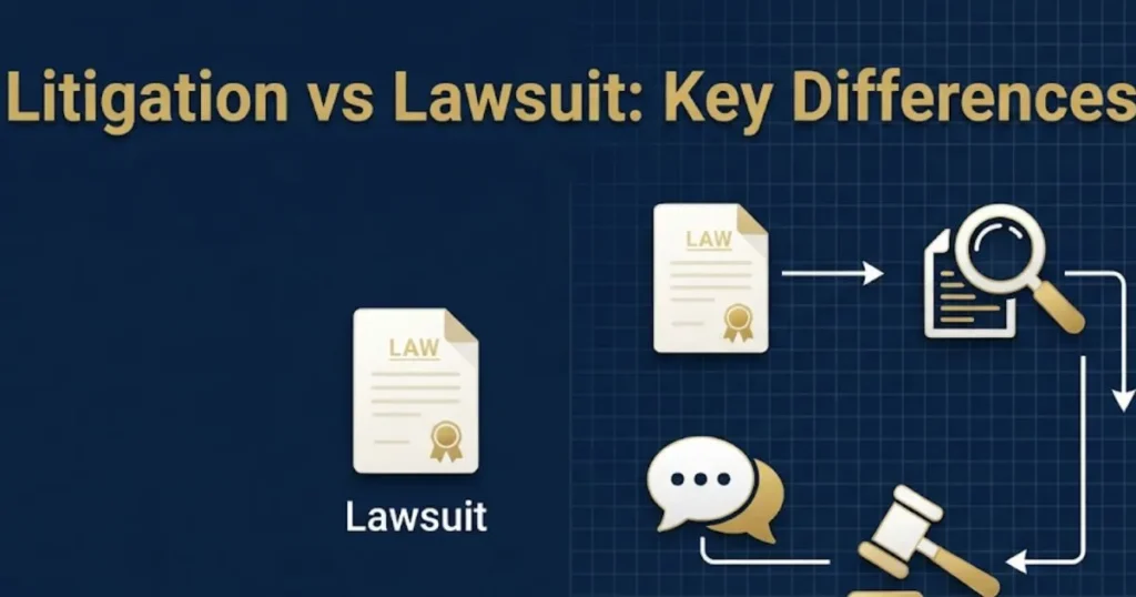 Litigation vs lawsuit key differences infographic showing legal process stages on navy background