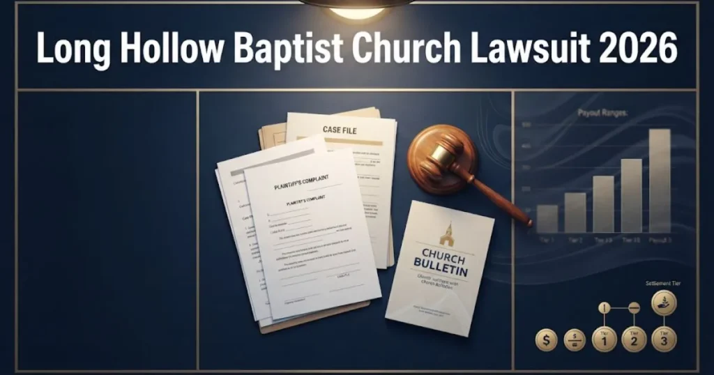 Long Hollow Baptist Church Lawsuit 2026 supporting image with legal documents and gavel on navy desk