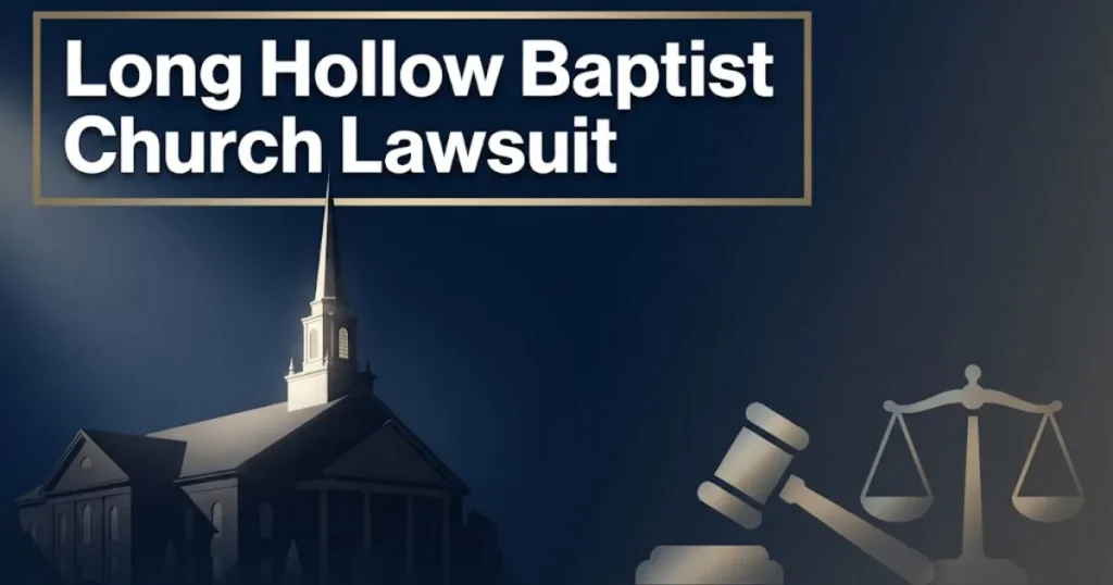 Long Hollow Baptist Church Lawsuit hero banner with church silhouette and legal symbols on navy background