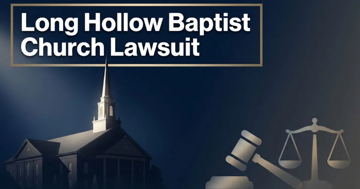 Long Hollow Baptist Church Lawsuit hero banner with church silhouette and legal symbols on navy background