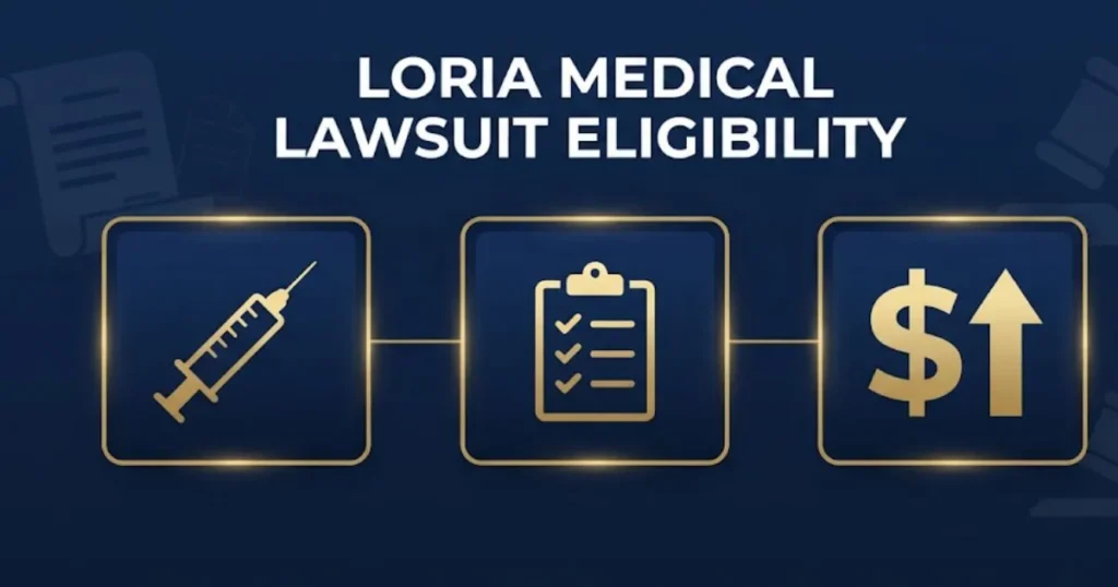 Loria Medical Lawsuit eligibility infographic with medical and legal icons