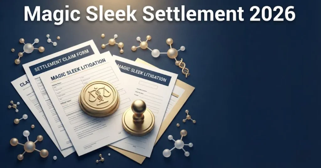 Magic sleek lawsuit update settlement graphic with claims form and legal seal on navy background