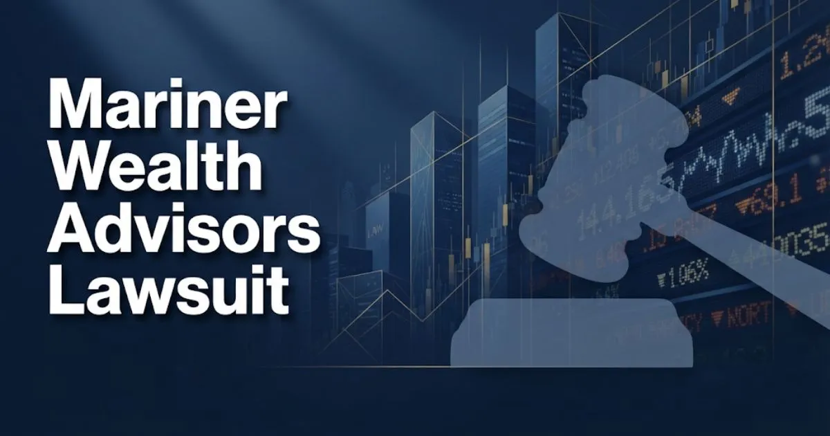 Mariner Wealth Advisors Lawsuit hero banner with navy skyline and gold gavel graphic