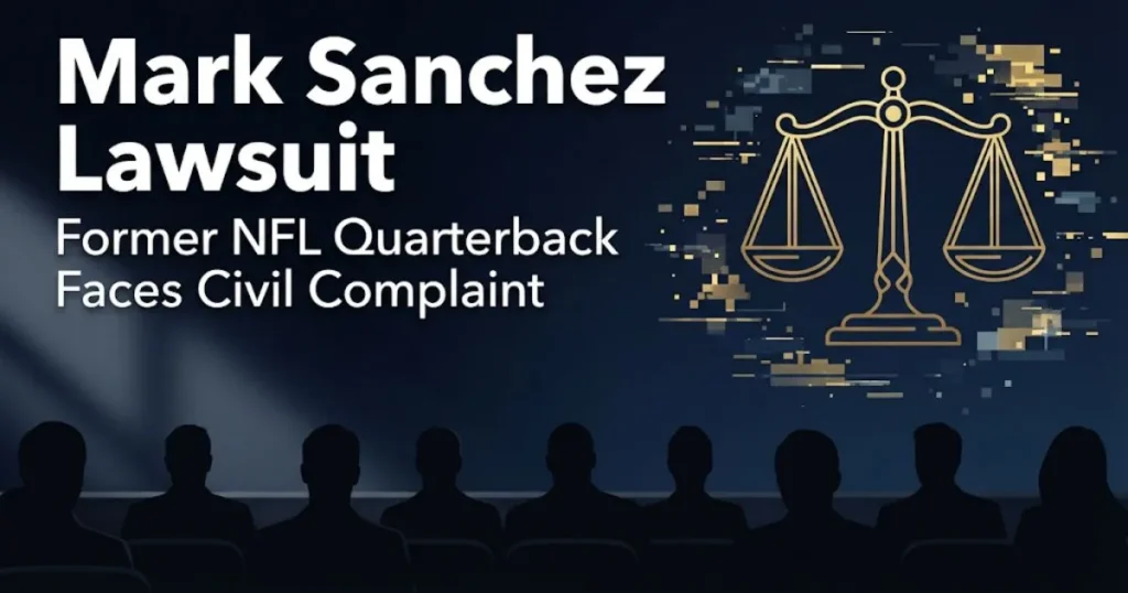 Mark Sanchez Lawsuit hero banner with legal scales and broadcast screen graphics in navy and gold