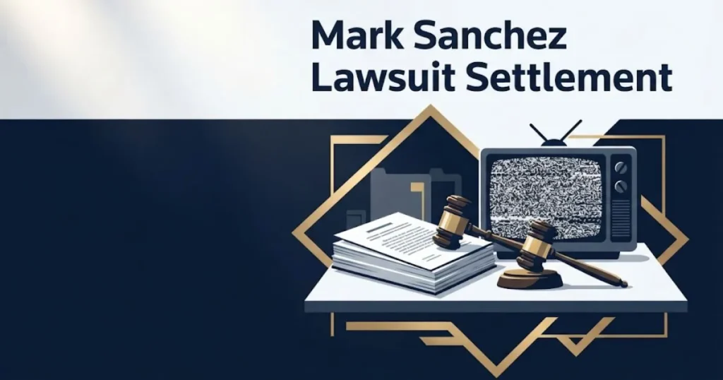 Mark Sanchez Lawsuit settlement graphic with legal documents and broadcast monitor in navy and gold