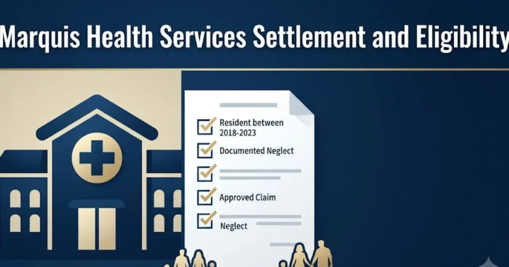Marquis Health Services settlement eligibility infographic with nursing home icons