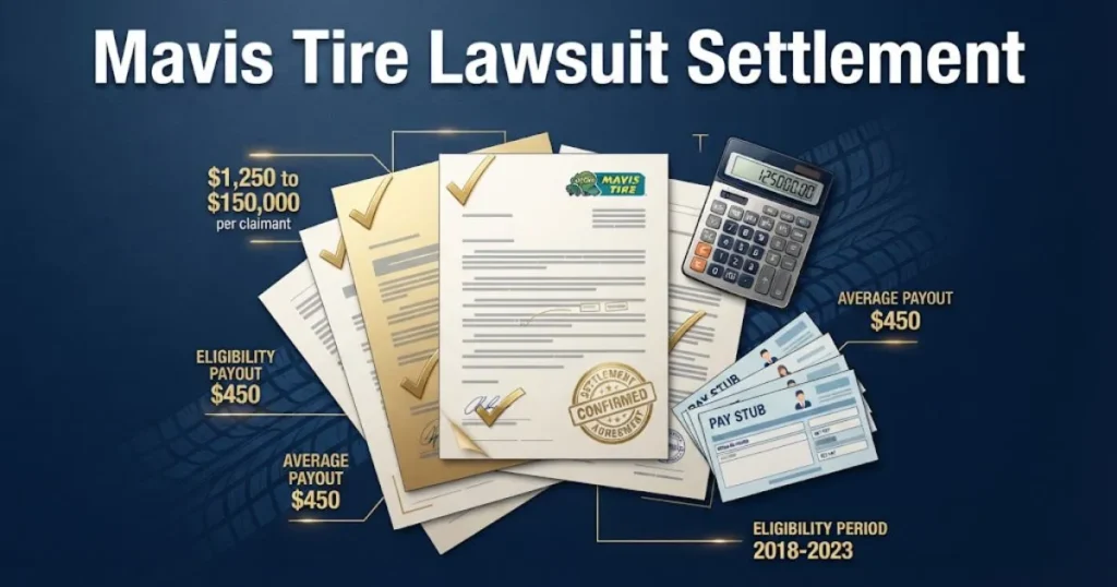 Mavis Tire Lawsuit Settlement graphic showing legal documents and tire tread on navy background