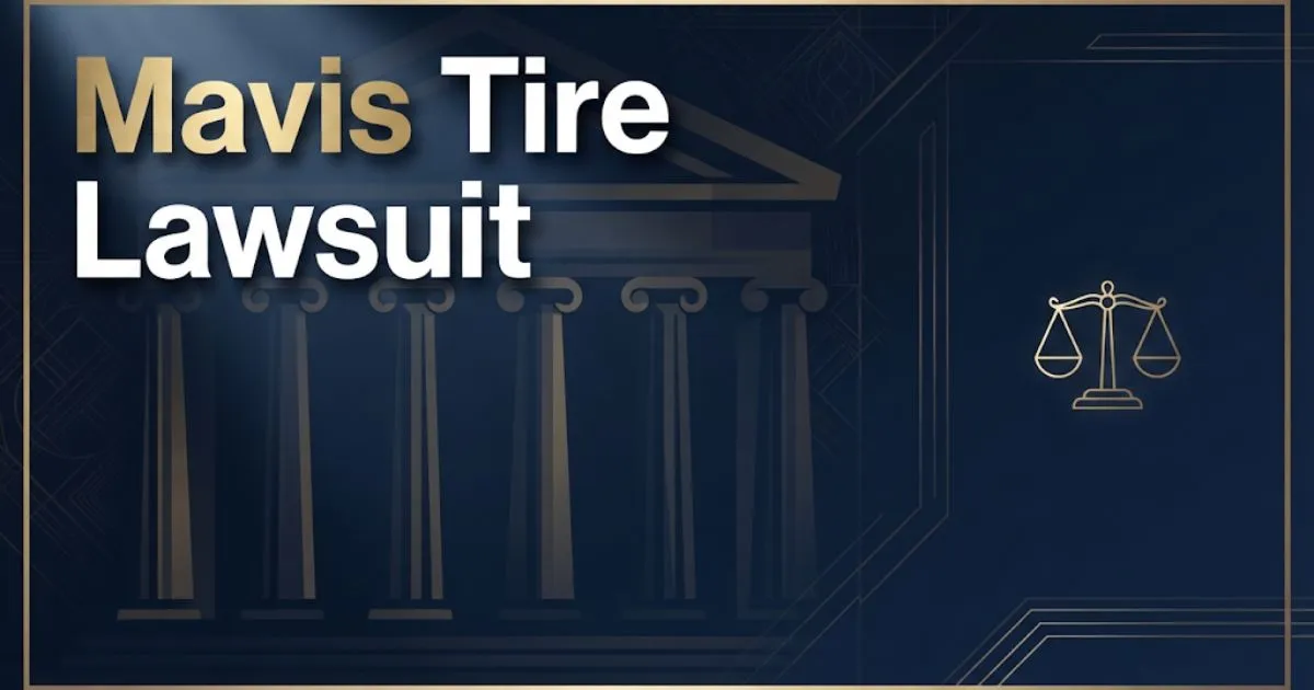 Mavis Tire Lawsuit hero banner with navy courthouse background and gold scales of justice icon