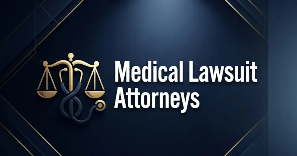 Medical lawsuit attorneys guide banner with scales of justice and stethoscope icons