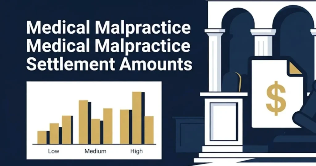 Medical malpractice settlement amounts infographic with courtroom and payout chart