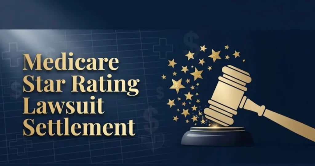 Medicare star rating lawsuit settlement graphic with gavel and scattered stars on navy background