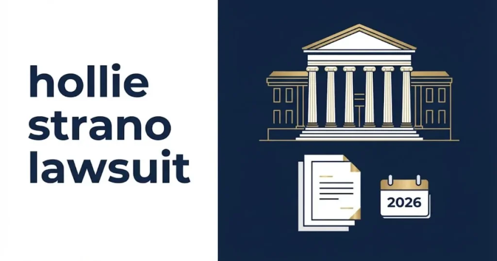 Mid-article graphic reading hollie strano lawsuit with courthouse illustration and 2026 calendar on navy and white background