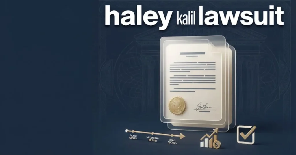 Mid-article graphic showing haley kalil lawsuit text over stylized legal document icons in navy and gold editorial design