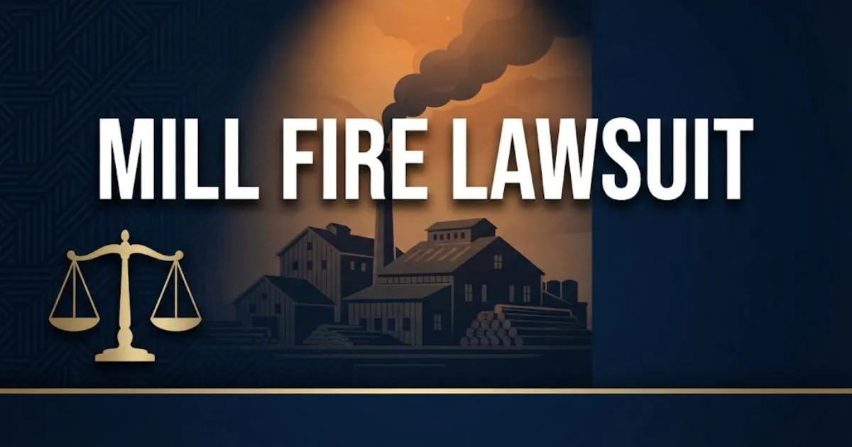 Mill fire lawsuit hero banner with legal scales and lumber mill silhouette