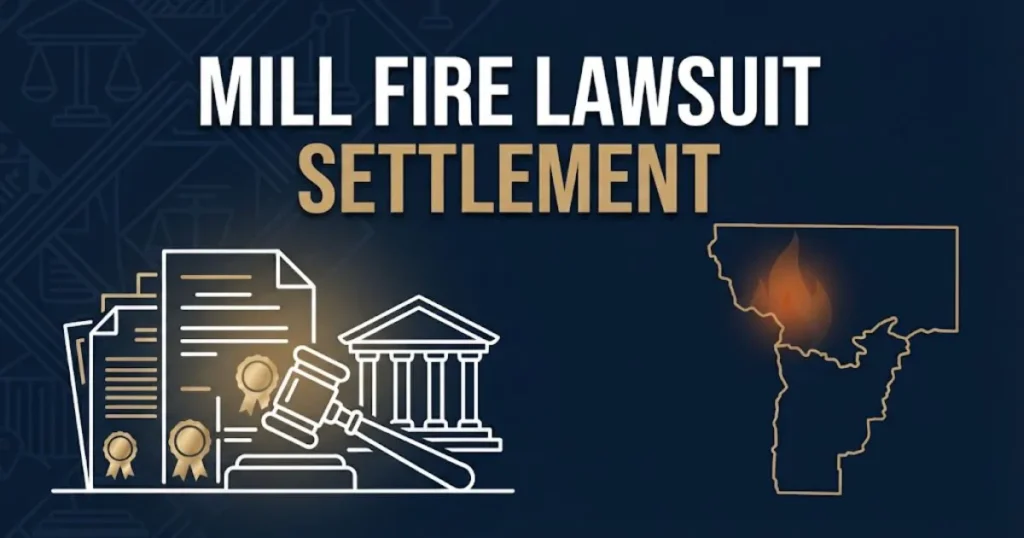 Mill fire lawsuit settlement graphic with courthouse and Siskiyou County map