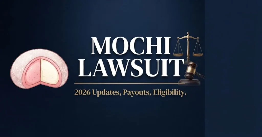 Mochi lawsuit 2026 hero banner with gavel, scales of justice, and mochi ice cream illustration