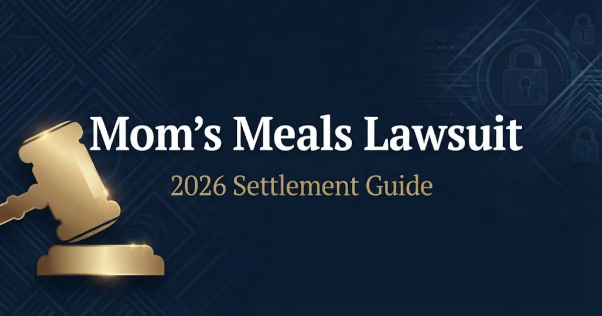 Mom's Meals lawsuit 2026 settlement guide hero banner with gavel and data breach imagery