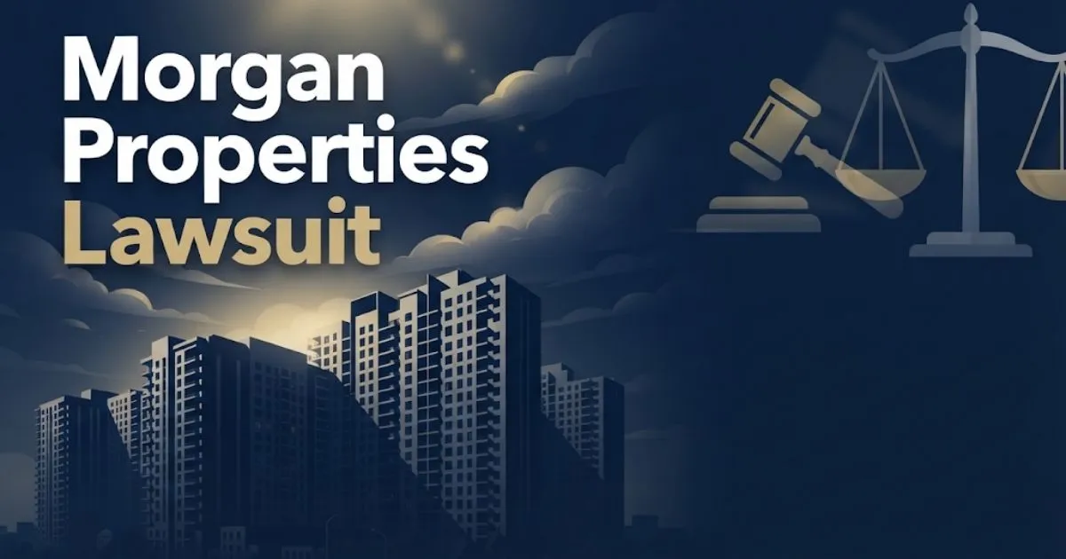 Morgan Properties Lawsuit hero banner with apartment silhouette and legal symbols on navy background