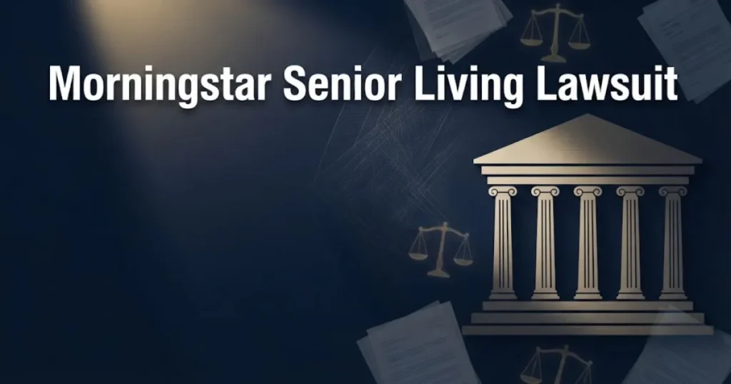 Morningstar Senior Living Lawsuit hero banner with courthouse silhouette and legal scales on navy background