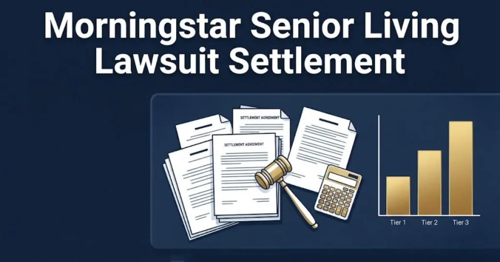 Morningstar Senior Living Lawsuit settlement graphic with legal documents and payout chart on navy background