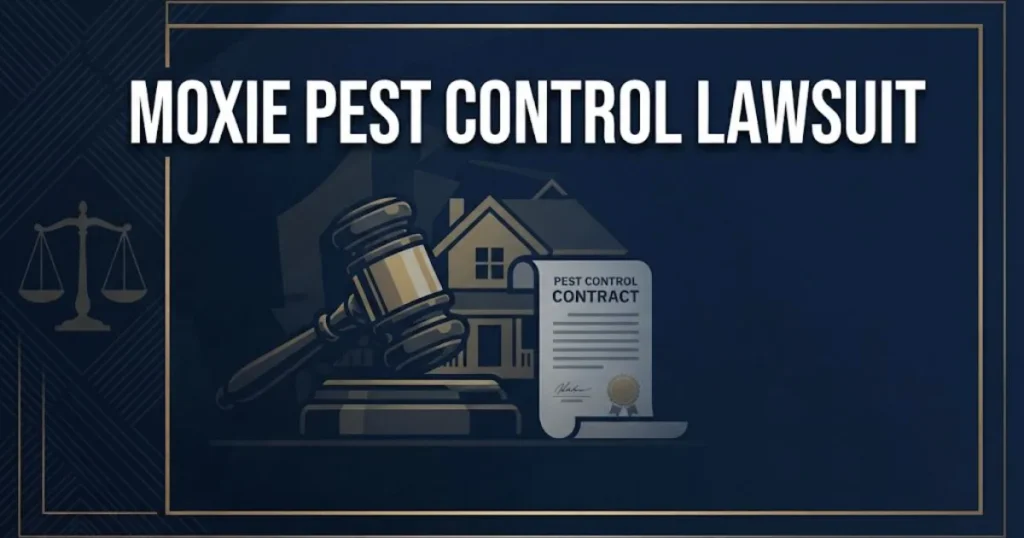 Moxie Pest Control lawsuit hero banner with gavel and contract imagery in navy and gold